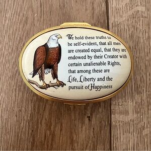 RARE Halcyon Days Enamel Trinket Pill‎ Box, American Flag, Bald Eagle, July 4th